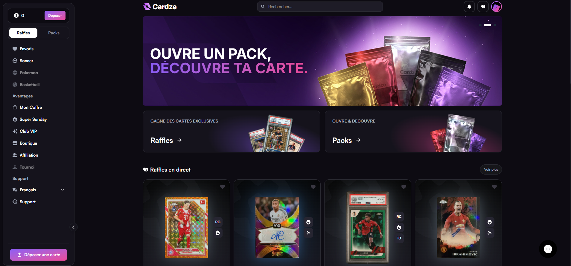 Interface Cardze - page d'accueil avec raffles et packs en direct