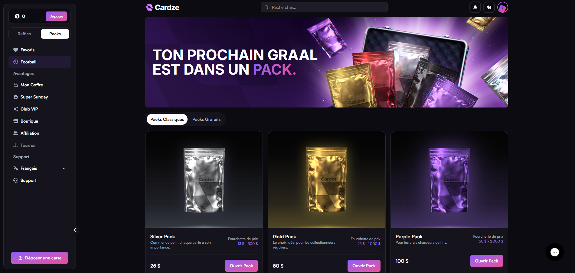 Les packs Cardze : Silver, Gold et Purple avec leurs fourchettes de prix