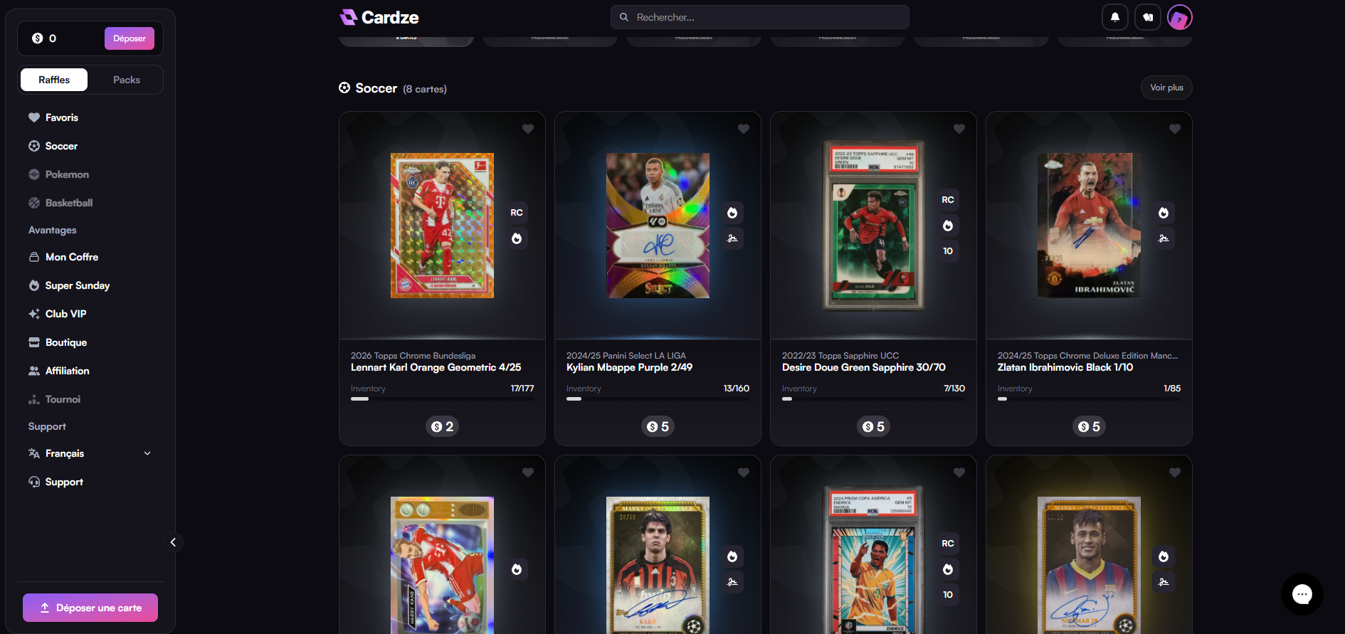 Raffles de cartes de football en cours sur Cardze avec le prix des tickets