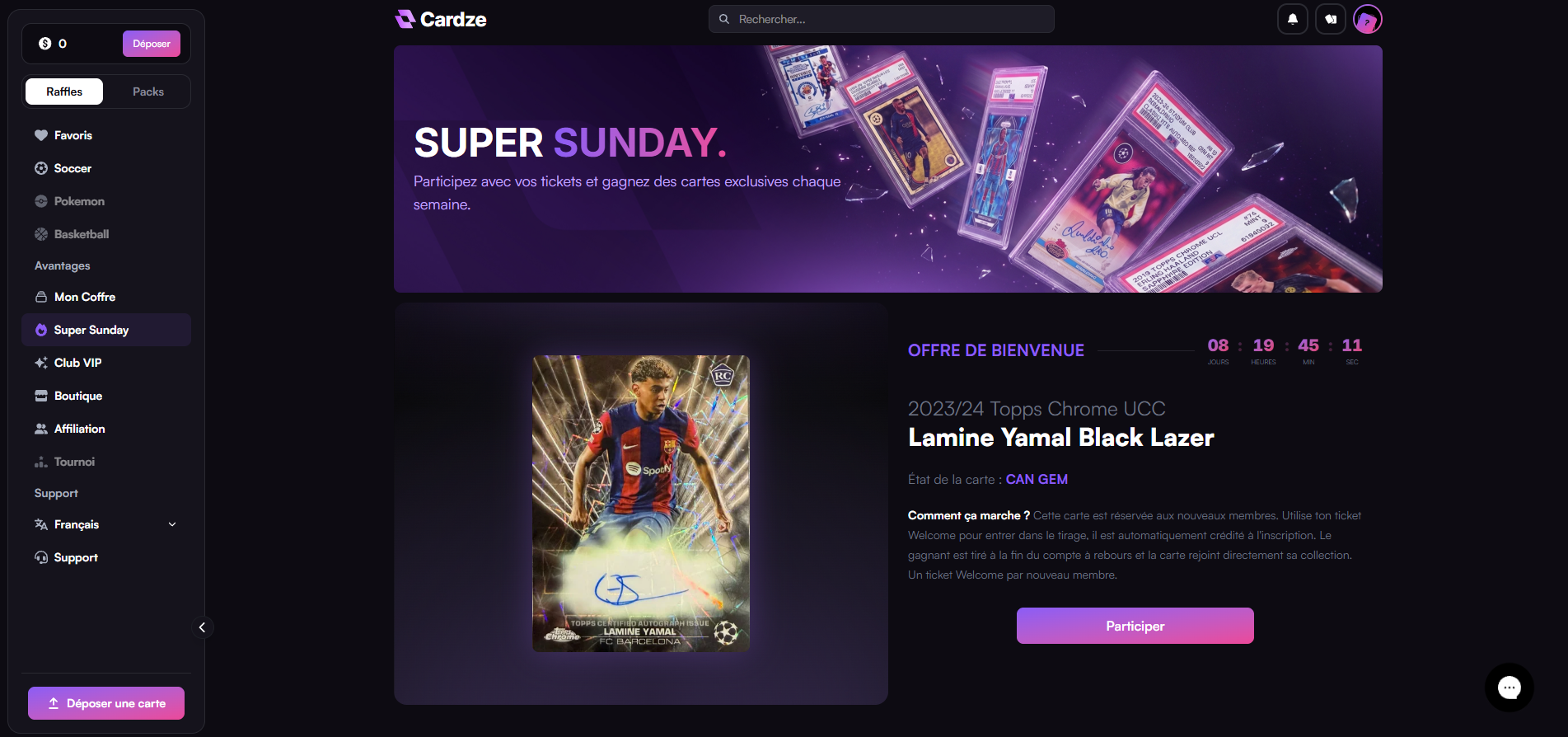 Page Super Sunday de Cardze avec la carte exclusive et le compte a rebours