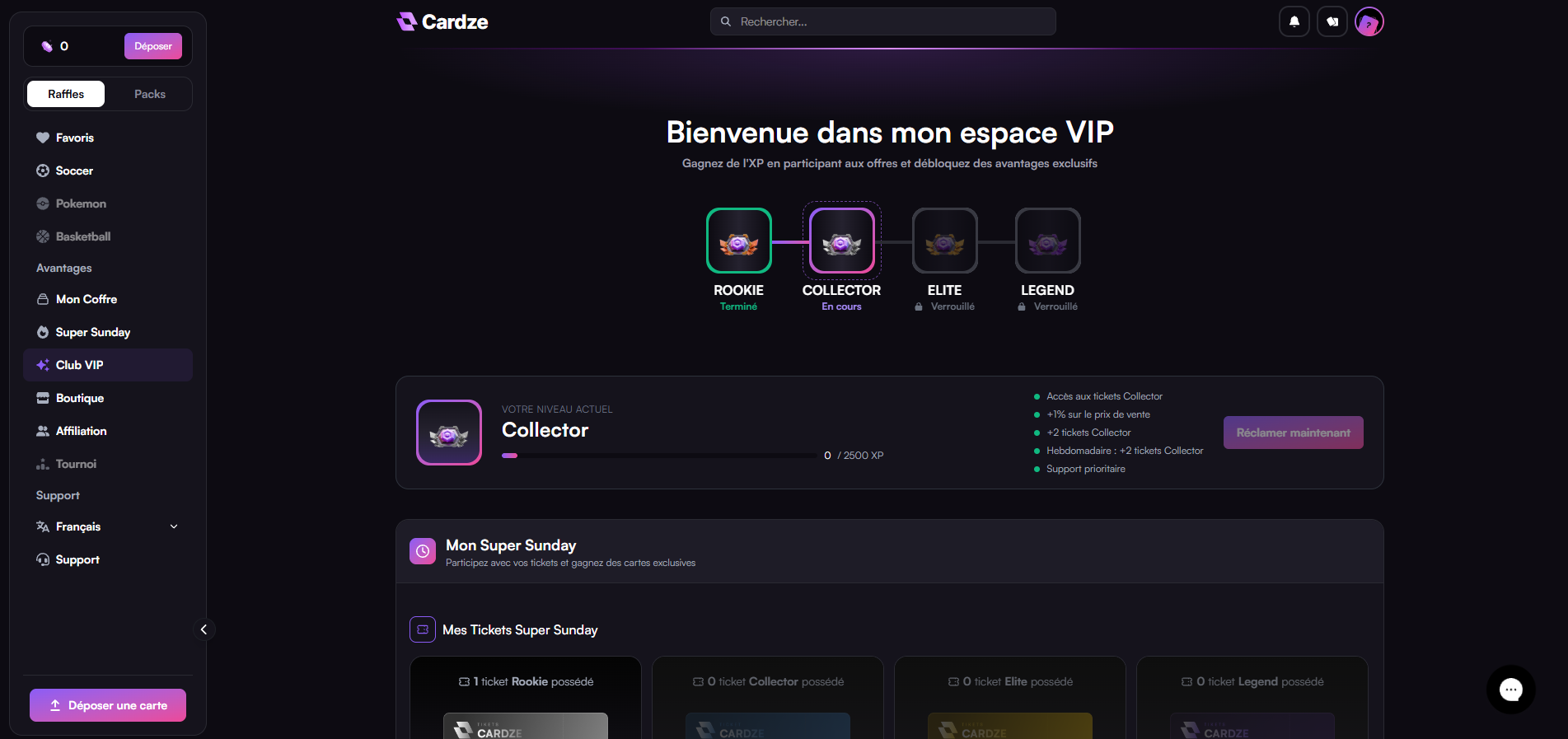 Espace VIP Cardze : rangs Rookie, Collector, Elite, Legend et tickets Super Sunday